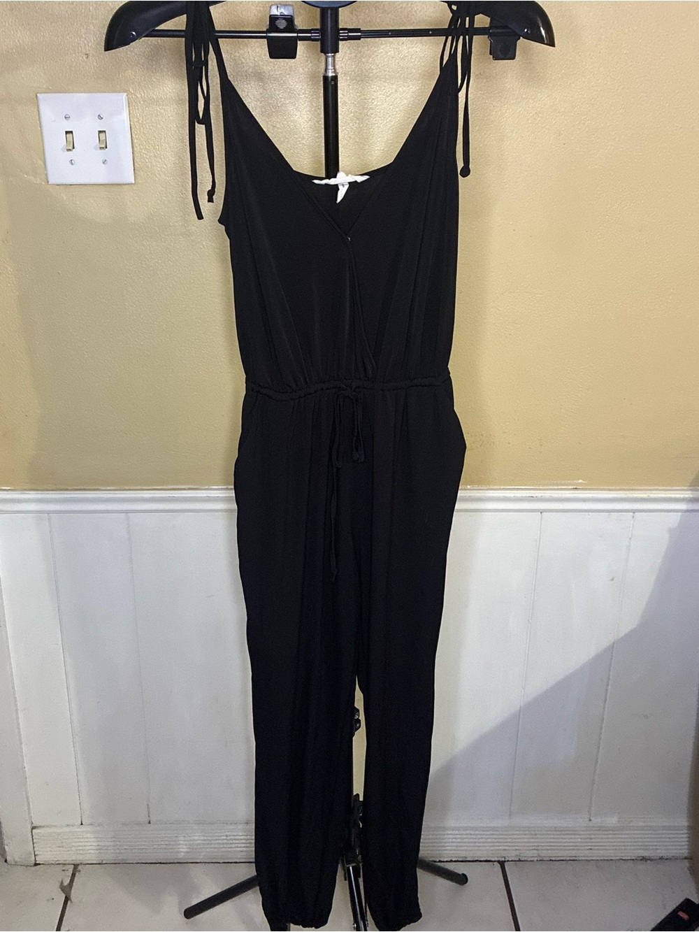 BCBGeneration Black Tie-Shoulder Jumpsuit
